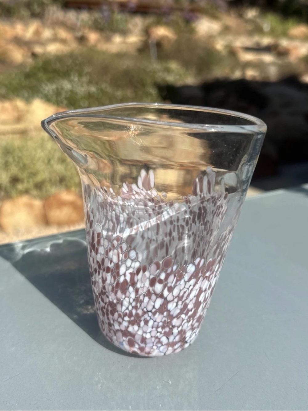 Vintage Studio Crafted Purple Confetti Colored Hand Blown Art Glass Pitcher 4.75